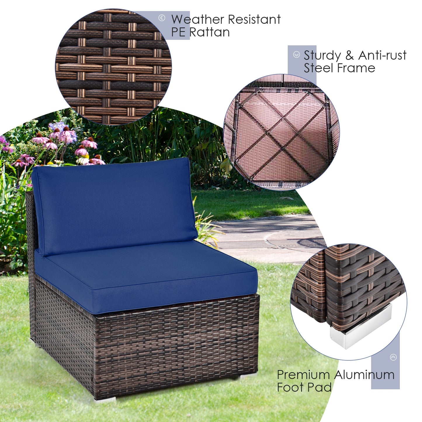 6 Pieces Patio Rattan Furniture Set with Cushions and Glass Coffee Table-Navy- Fully Assembled