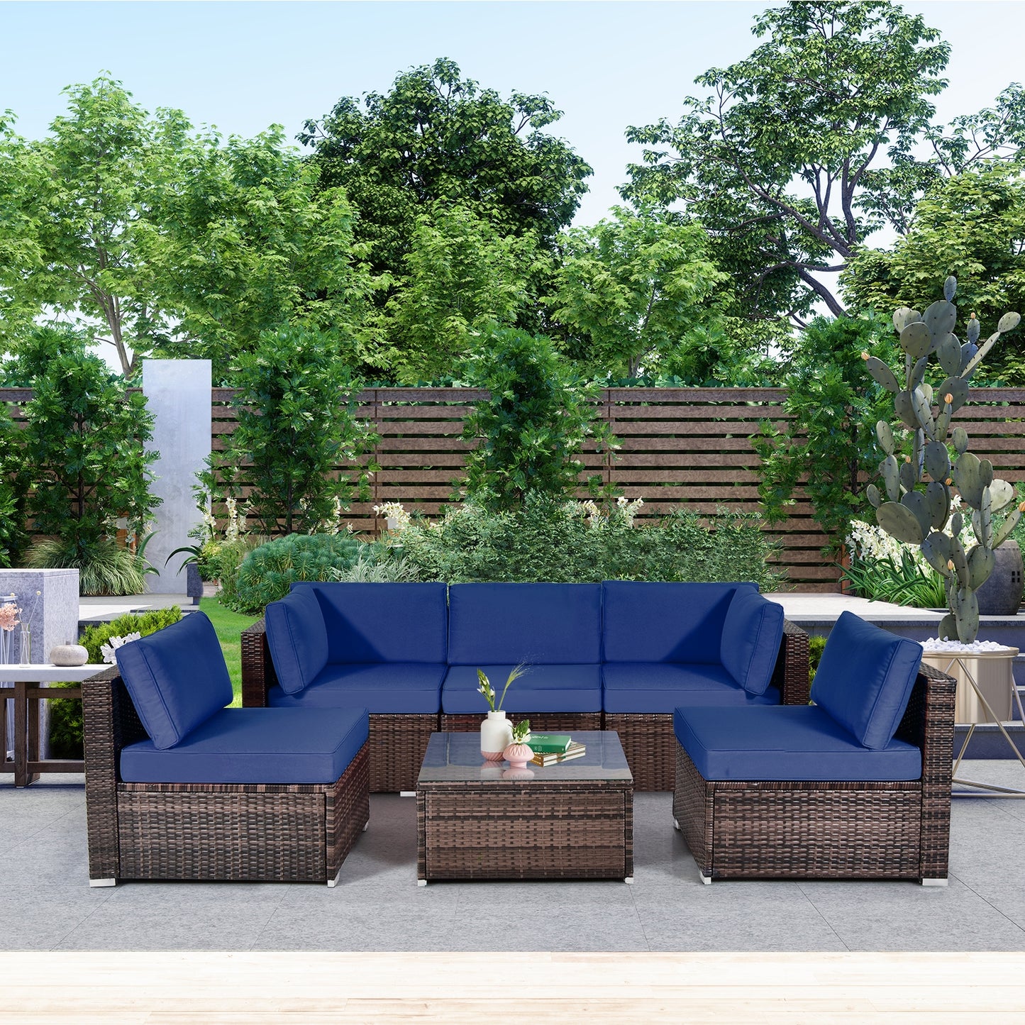 6 Pieces Patio Rattan Furniture Set with Cushions and Glass Coffee Table-Navy- Fully Assembled
