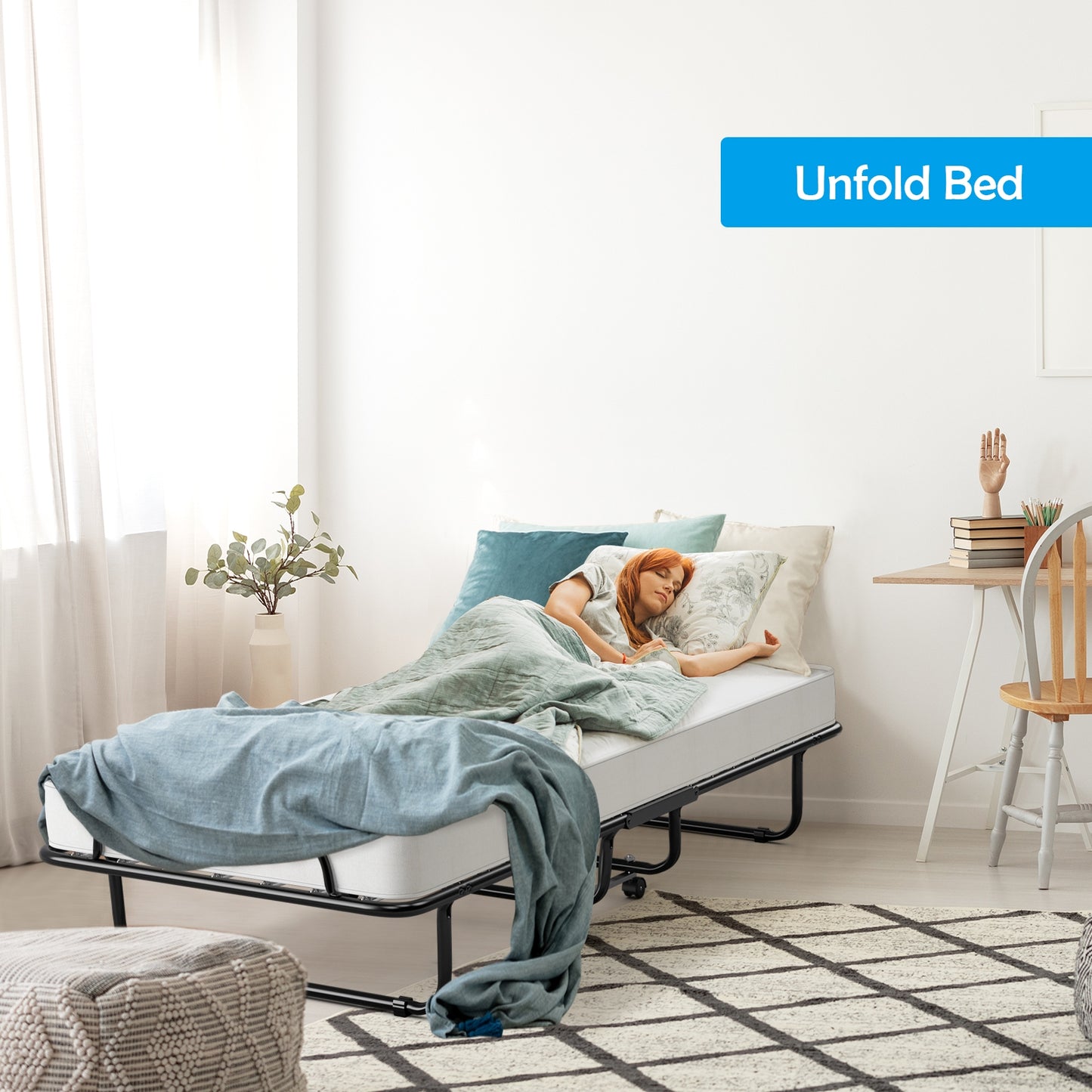 SPECIAL, Rollaway Folding Bed with Memory Foam Mattress and Sturdy Metal Frame