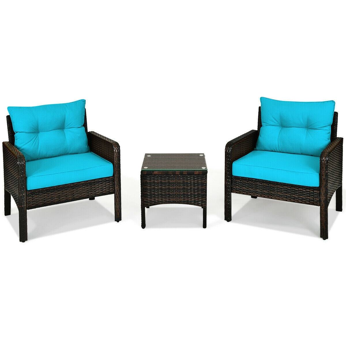 Wide 3 Pcs Outdoor Patio Rattan Set with Seat Cushions-Turquoise (Fully Assembled)