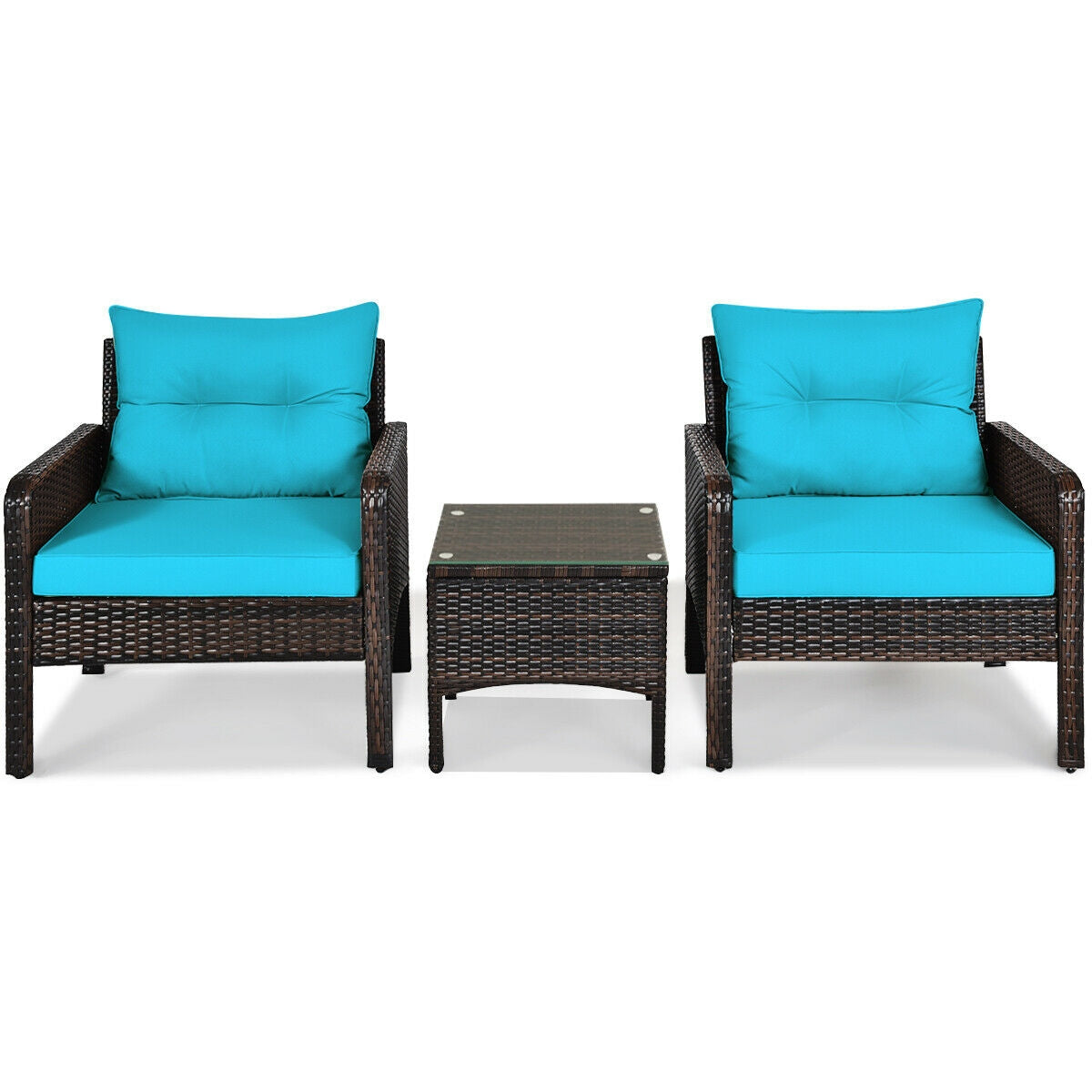 Wide 3 Pcs Outdoor Patio Rattan Set with Seat Cushions-Turquoise (Fully Assembled)
