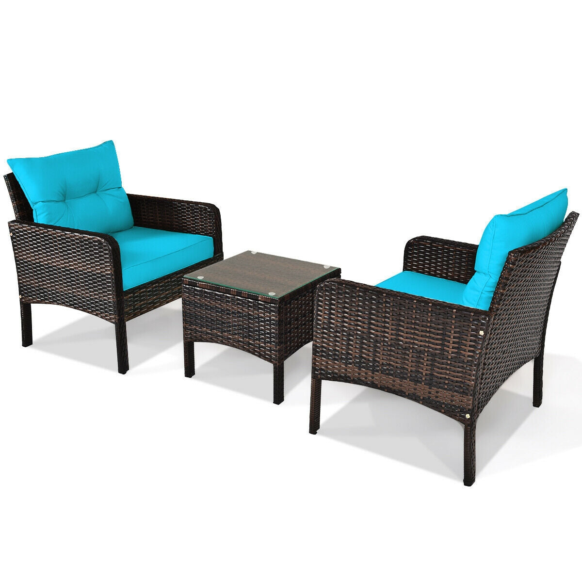 Wide 3 Pcs Outdoor Patio Rattan Set with Seat Cushions-Turquoise (Fully Assembled)