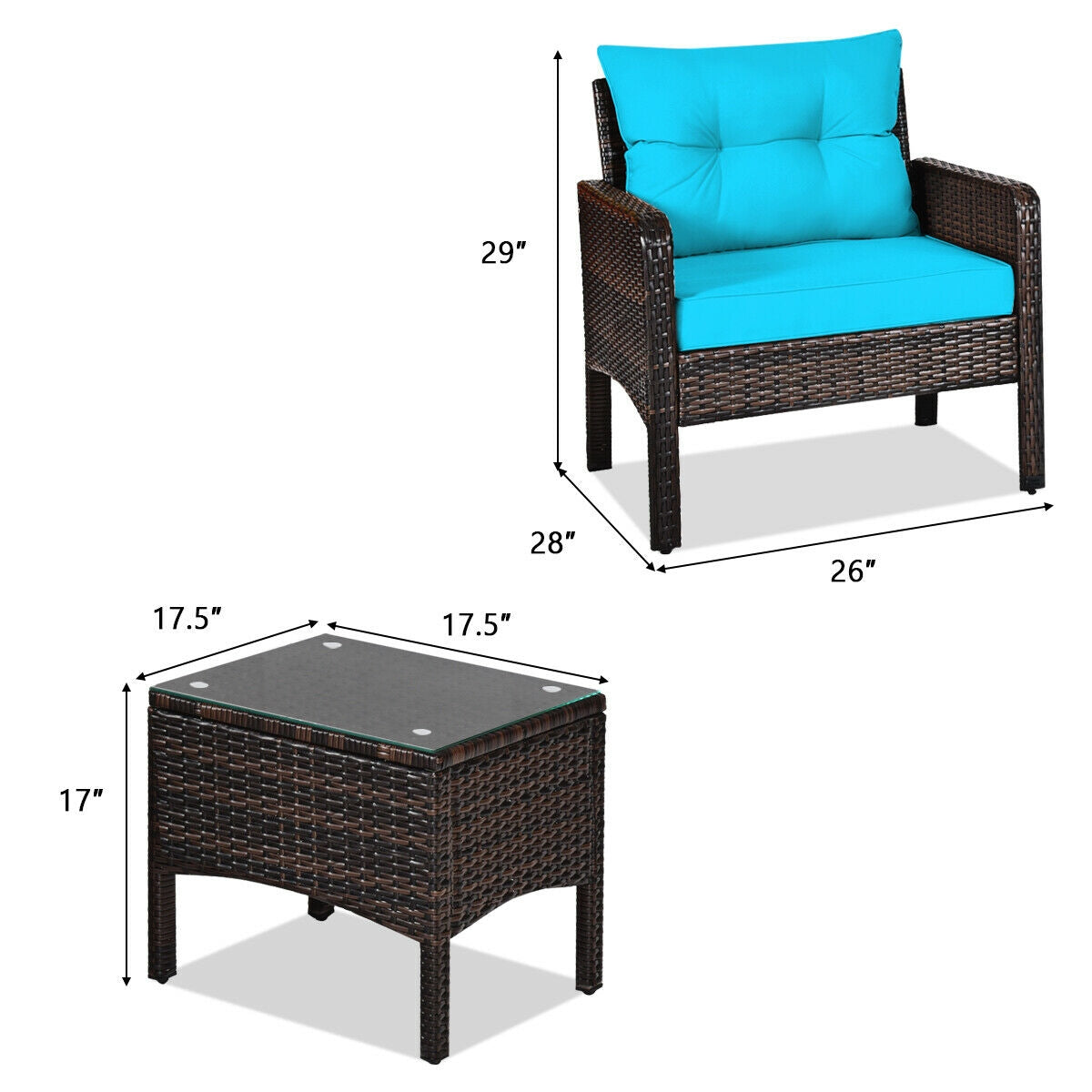 Wide 3 Pcs Outdoor Patio Rattan Set with Seat Cushions-Turquoise (Fully Assembled)