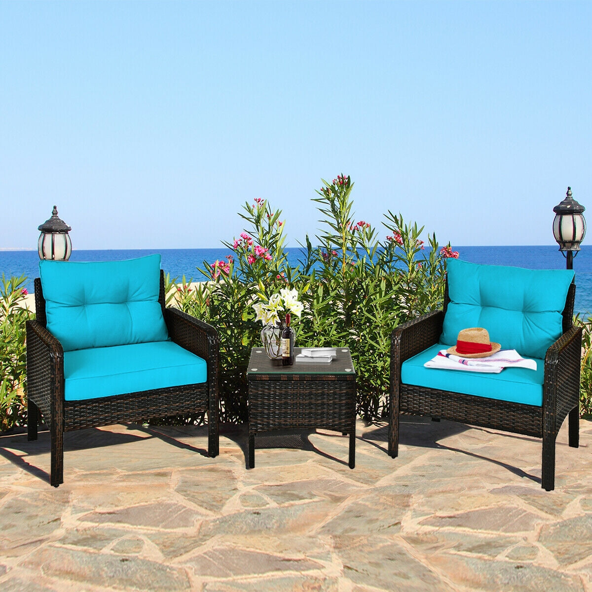 Wide 3 Pcs Outdoor Patio Rattan Set with Seat Cushions-Turquoise (Fully Assembled)