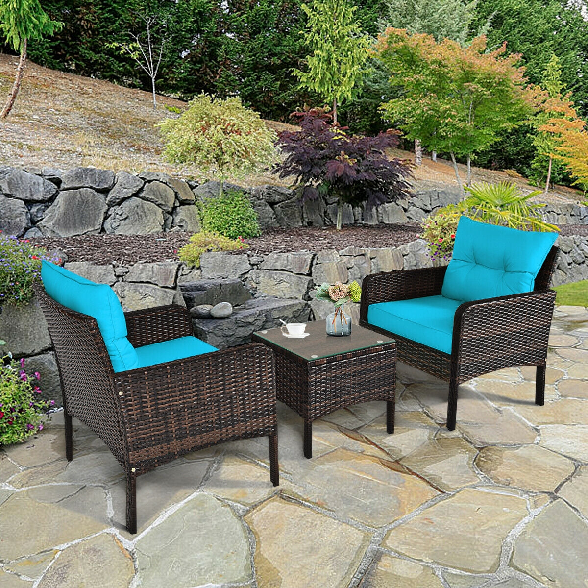 Wide 3 Pcs Outdoor Patio Rattan Set with Seat Cushions-Turquoise (Fully Assembled)