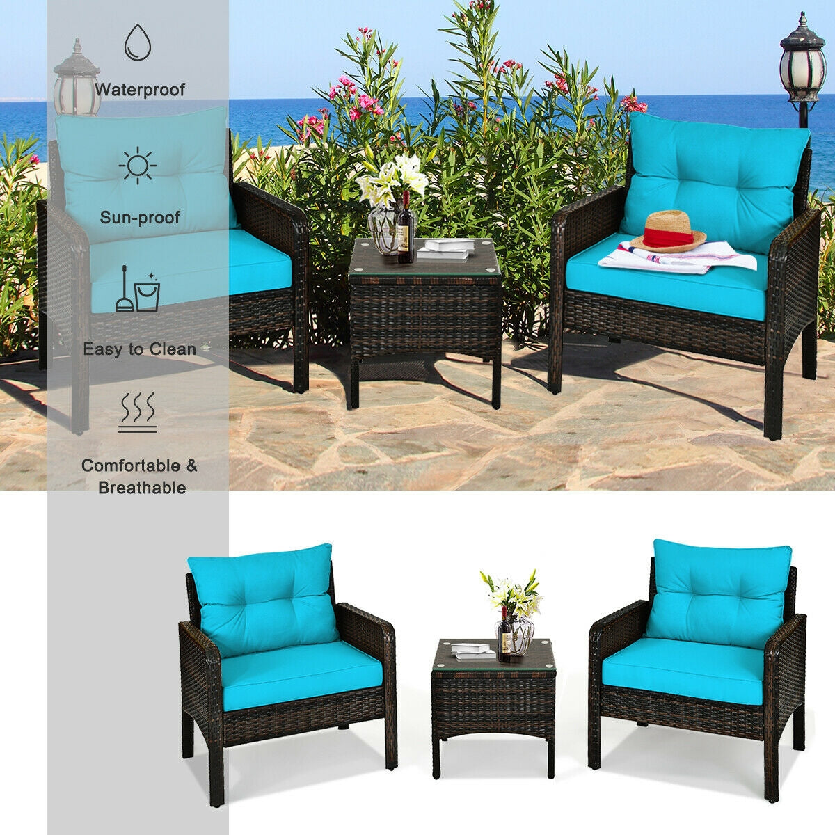 Wide 3 Pcs Outdoor Patio Rattan Set with Seat Cushions-Turquoise (Fully Assembled)