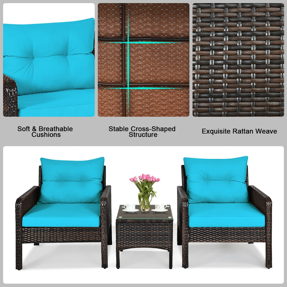 Wide 3 Pcs Outdoor Patio Rattan Set with Seat Cushions-Turquoise (Fully Assembled)