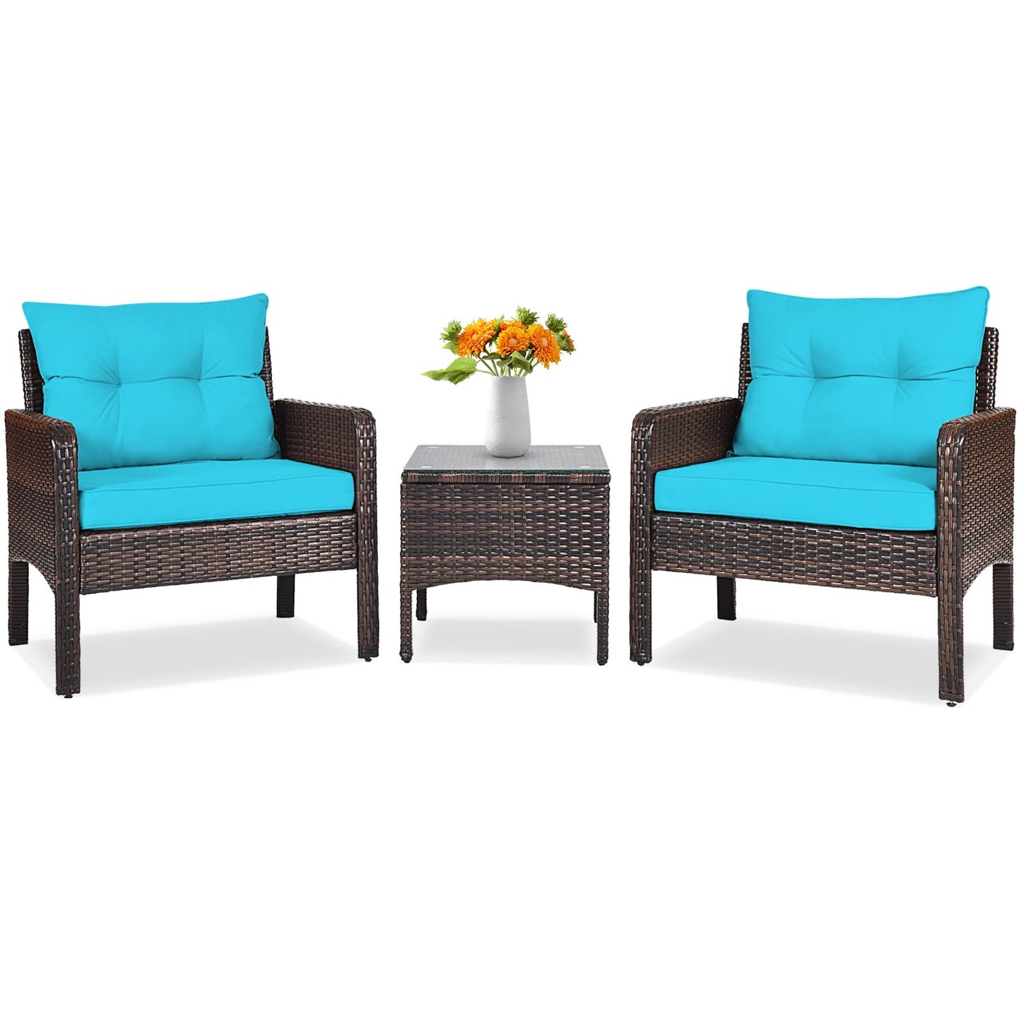 Wide 3 Pcs Outdoor Patio Rattan Set with Seat Cushions-Turquoise (Fully Assembled)
