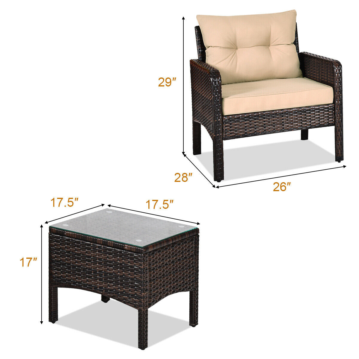 3 Pieces Outdoor Patio Wide Rattan Conversation Set with Seat Cushions-Beige (1 Box,Unassembled)