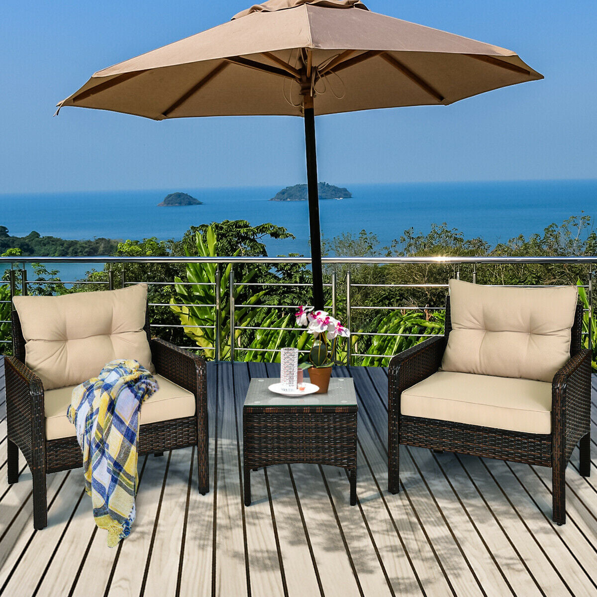 3 Pieces Outdoor Patio Wide Rattan Conversation Set with Seat Cushions-Beige (1 Box,Unassembled)