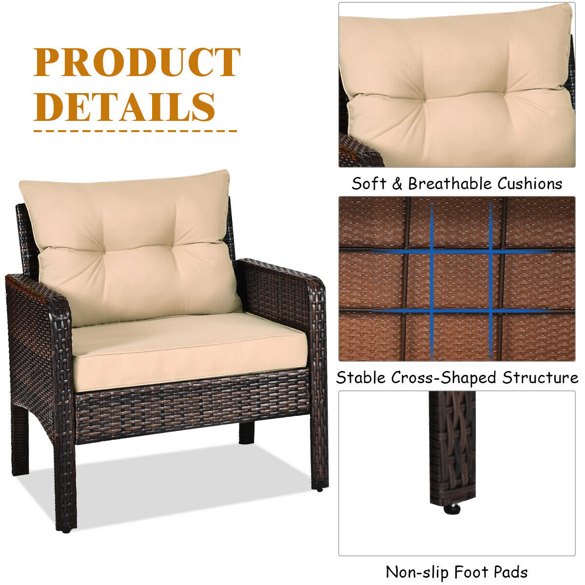 3 Pieces Outdoor Patio Wide Rattan Conversation Set with Seat Cushions-Beige (1 Box,Unassembled)