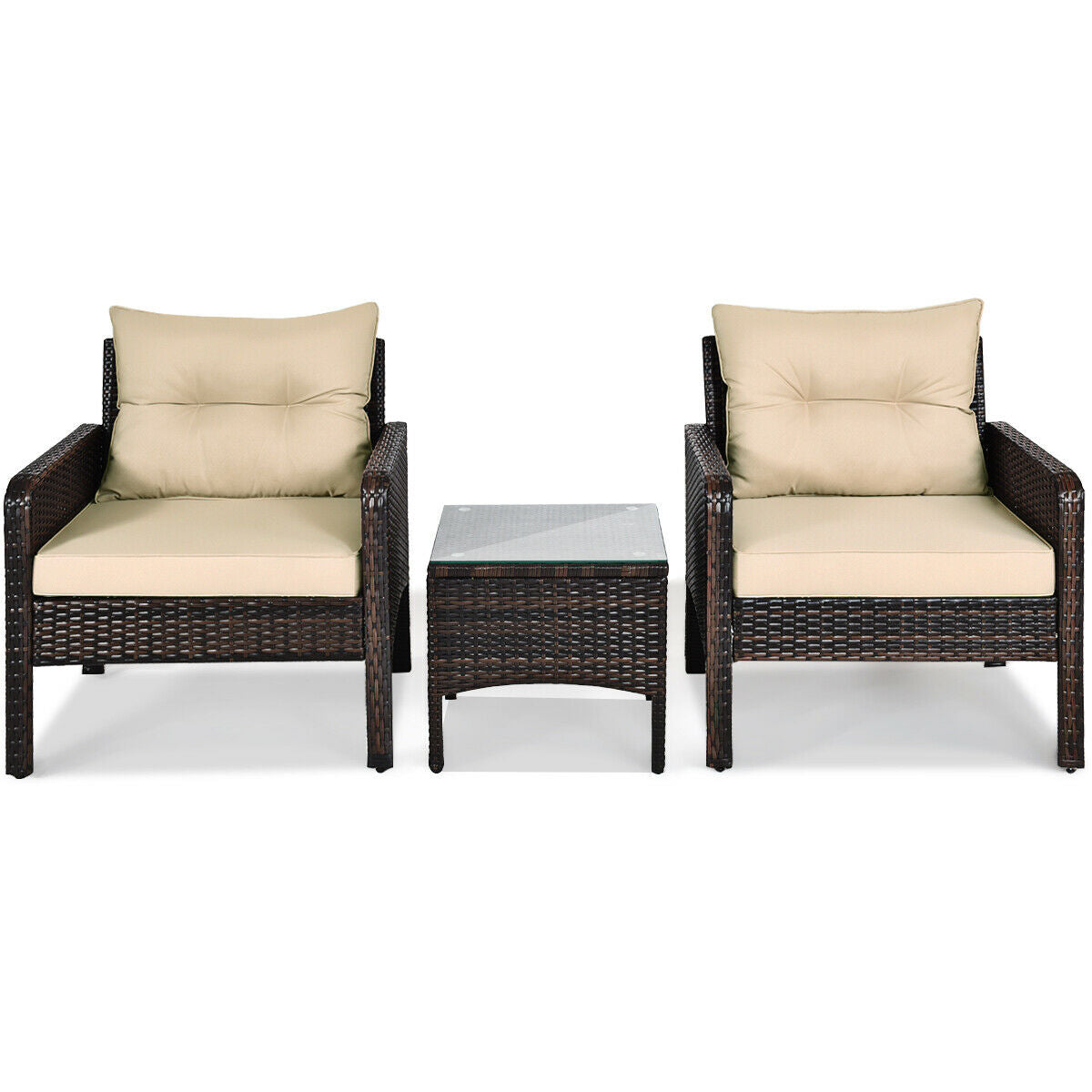 3 Pieces Outdoor Patio Wide Rattan Conversation Set with Seat Cushions-Beige (1 Box,Unassembled)