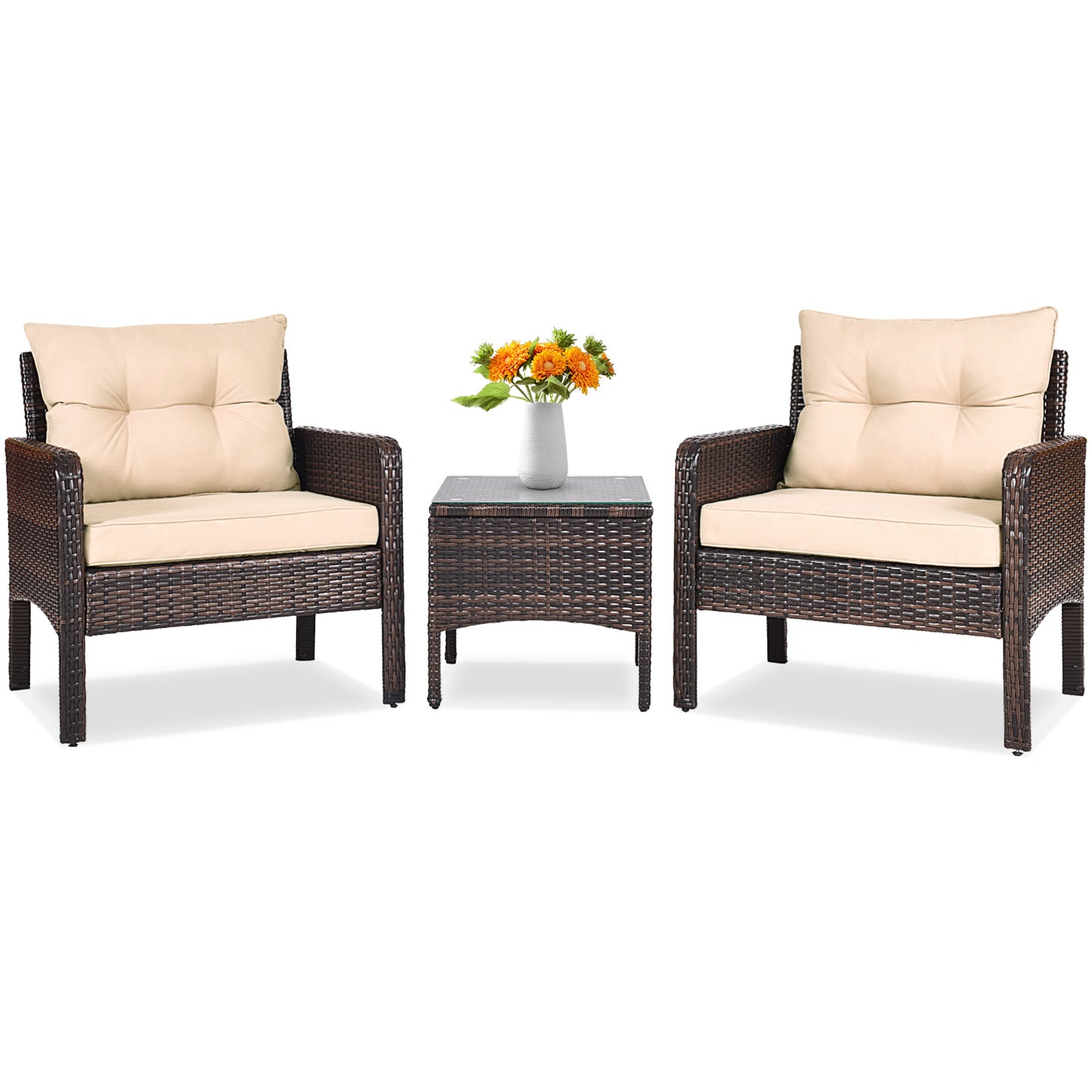 3 Pieces Outdoor Patio Wide Rattan Conversation Set with Seat Cushions-Beige (1 Box,Unassembled)