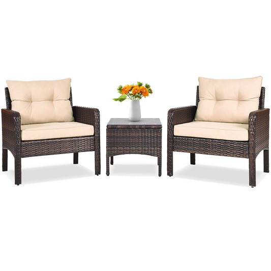 3 Pieces Outdoor Patio Wide Rattan Conversation Set with Seat Cushions-Beige (1 Box,Unassembled)
