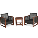 3 Pcs Patio Wicker Furniture Sofa Set with Wooden Frame and Cushion-Beige, fully assembled