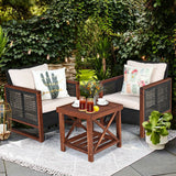 3 Pcs Patio Wicker Furniture Sofa Set with Wooden Frame and Cushion-Beige, fully assembled