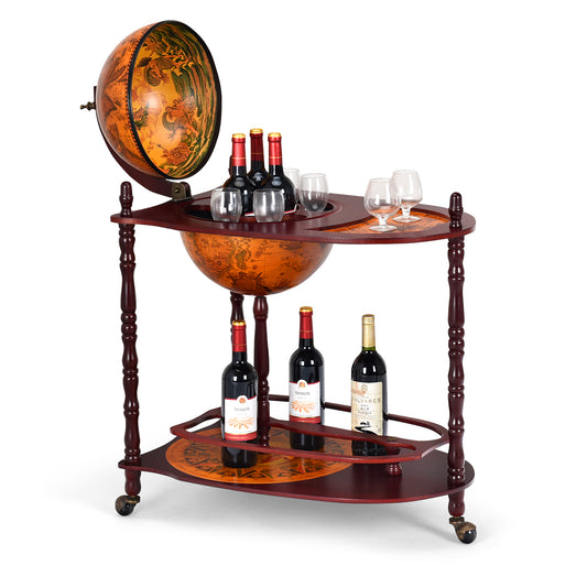 Vintage Globe Rolling Wine Bar Cart with Extra Shelf (Fully Assembled)