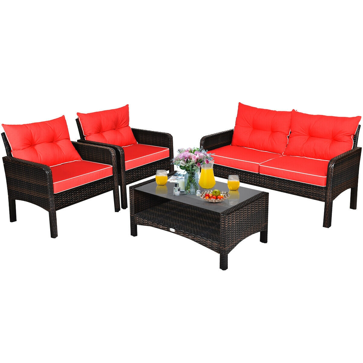 4 Pcs Wide Outdoor Rattan Wicker Loveseat Furniture Set with Cushions-Red (Fully Assembled)