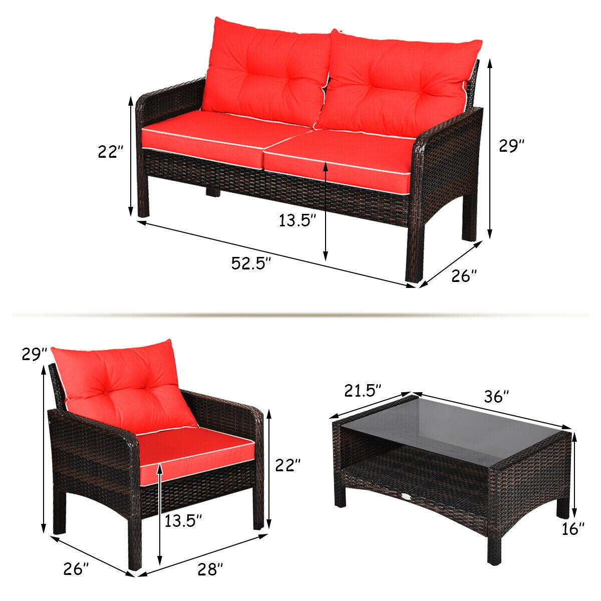 4 Pcs Wide Outdoor Rattan Wicker Loveseat Furniture Set with Cushions-Red (Fully Assembled)