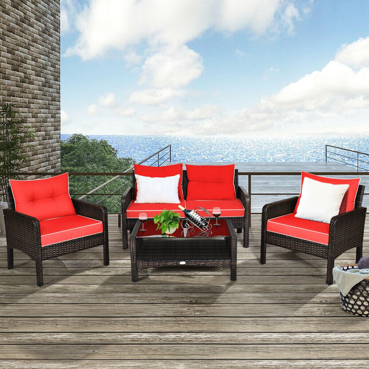 4 Pcs Wide Outdoor Rattan Wicker Loveseat Furniture Set with Cushions-Red (Fully Assembled)