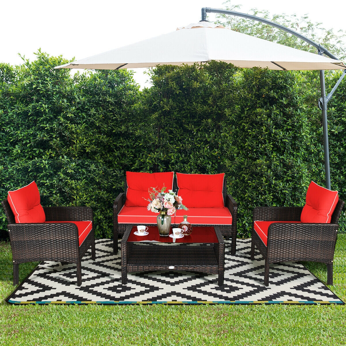 4 Pcs Wide Outdoor Rattan Wicker Loveseat Furniture Set with Cushions-Red (Fully Assembled)