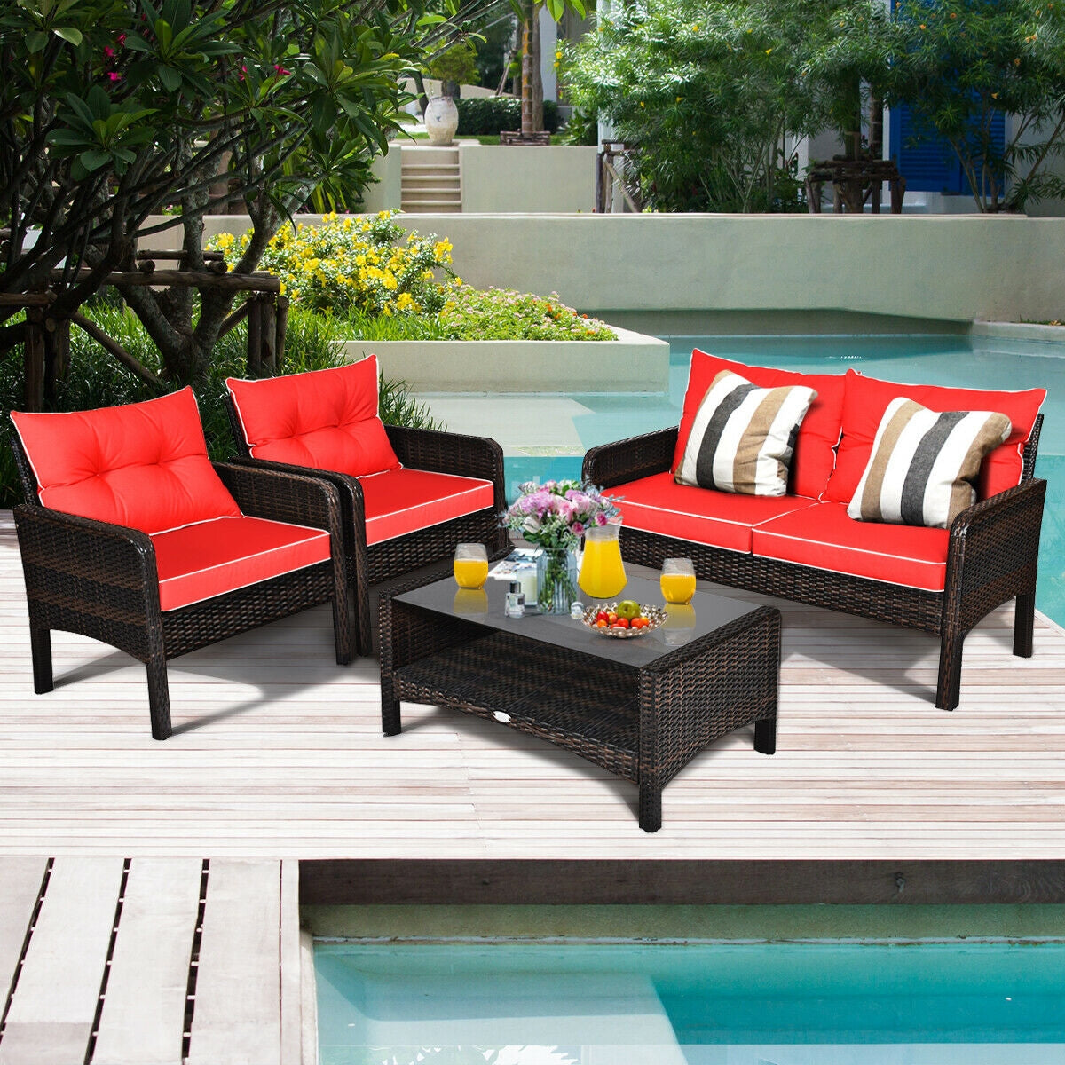 4 Pcs Wide Outdoor Rattan Wicker Loveseat Furniture Set with Cushions-Red (Fully Assembled)