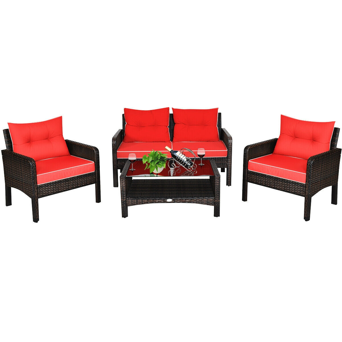 4 Pcs Wide Outdoor Rattan Wicker Loveseat Furniture Set with Cushions-Red (Fully Assembled)