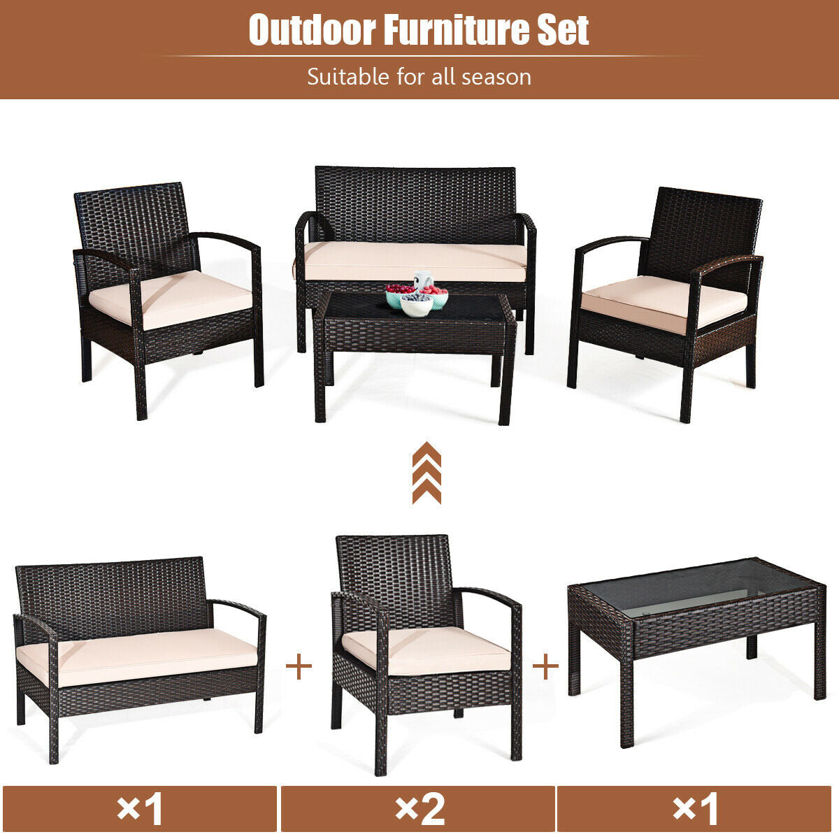 4 Pieces Patio Ratten Conversation Set with Loveseat Sofas and Coffee Table (Assembled)