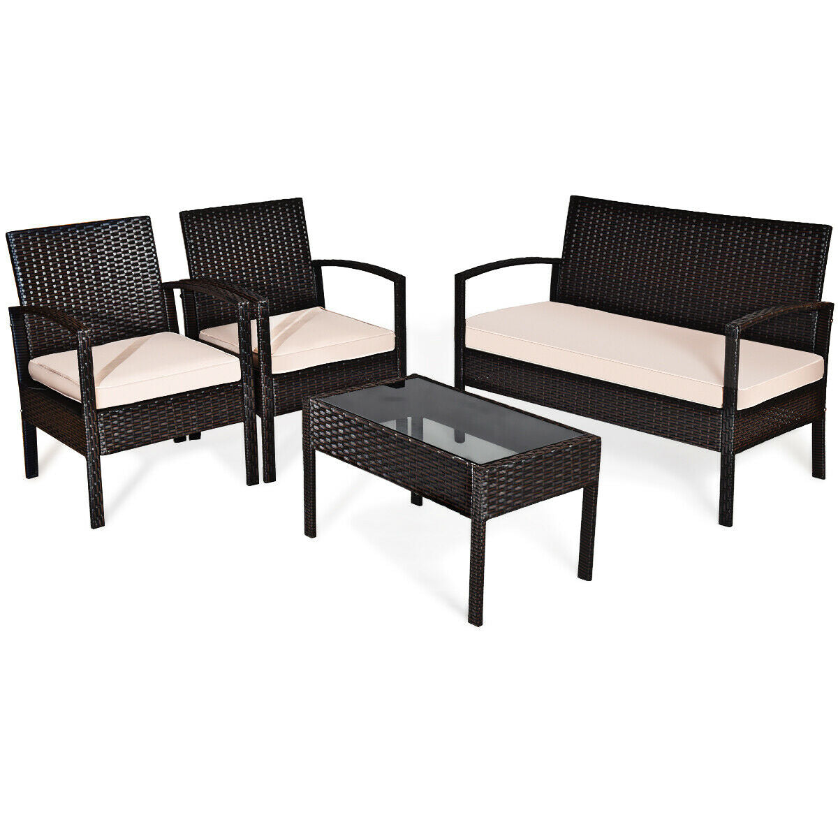 4 Pieces Patio Ratten Conversation Set with Loveseat Sofas and Coffee Table (Assembled)