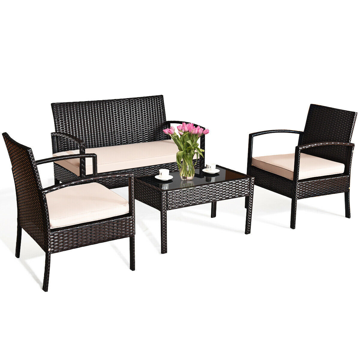 4 Pieces Patio Ratten Conversation Set with Loveseat Sofas and Coffee Table (Assembled)