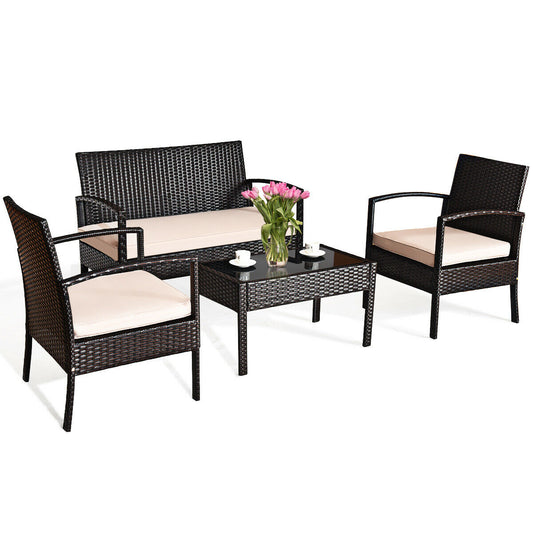 4 Pieces Patio Ratten Conversation Set with Loveseat Sofas and Coffee Table (Assembled)