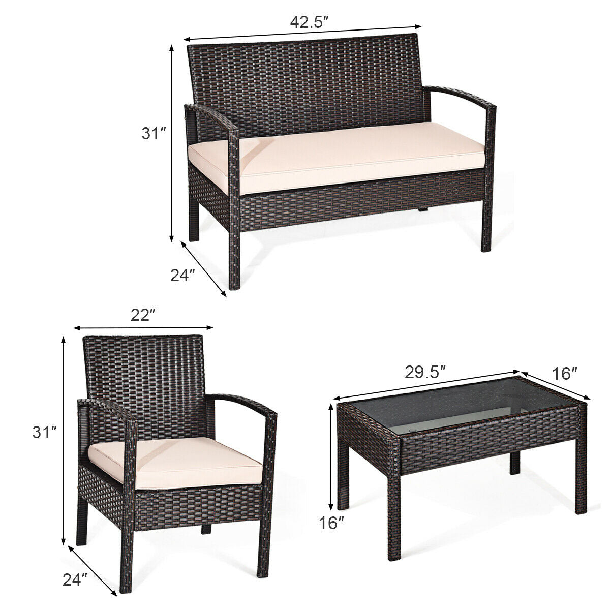 4 Pieces Patio Ratten Conversation Set with Loveseat Sofas and Coffee Table (Assembled)
