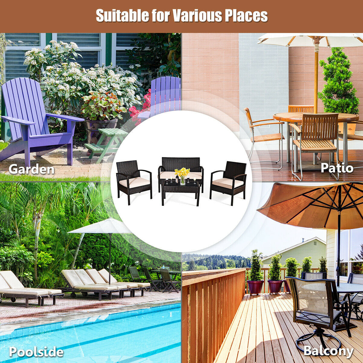 4 Pieces Patio Ratten Conversation Set with Loveseat Sofas and Coffee Table (Assembled)