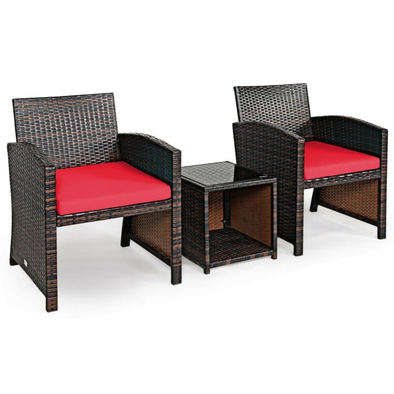 3 Pieces PE Rattan Wicker Furniture Set with Cushion Sofa Coffee Table for Garden-Red - Assembled