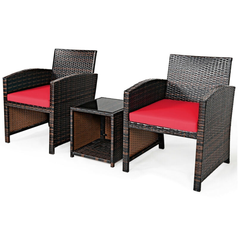 3 Pieces PE Rattan Wicker Furniture Set with Cushion Sofa Coffee Table for Garden-Red - Assembled