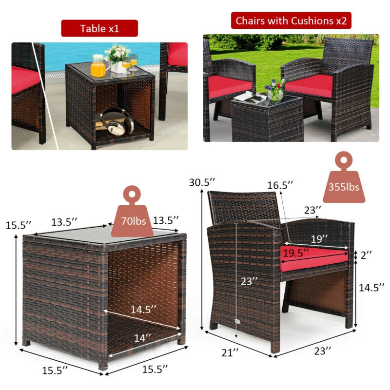 3 Pieces PE Rattan Wicker Furniture Set with Cushion Sofa Coffee Table for Garden-Red - Assembled
