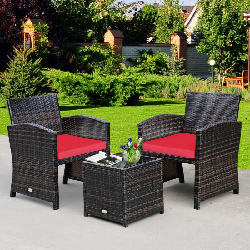 3 Pieces PE Rattan Wicker Furniture Set with Cushion Sofa Coffee Table for Garden-Red - Assembled
