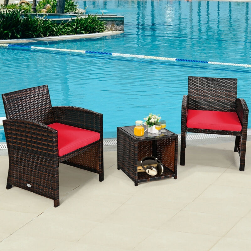 3 Pieces PE Rattan Wicker Furniture Set with Cushion Sofa Coffee Table for Garden-Red - Assembled