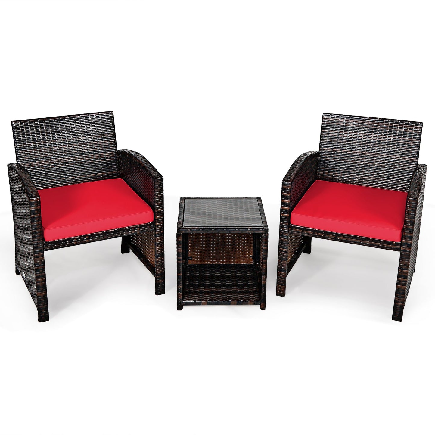 3 Pieces PE Rattan Wicker Furniture Set with Cushion Sofa Coffee Table for Garden-Red - Assembled