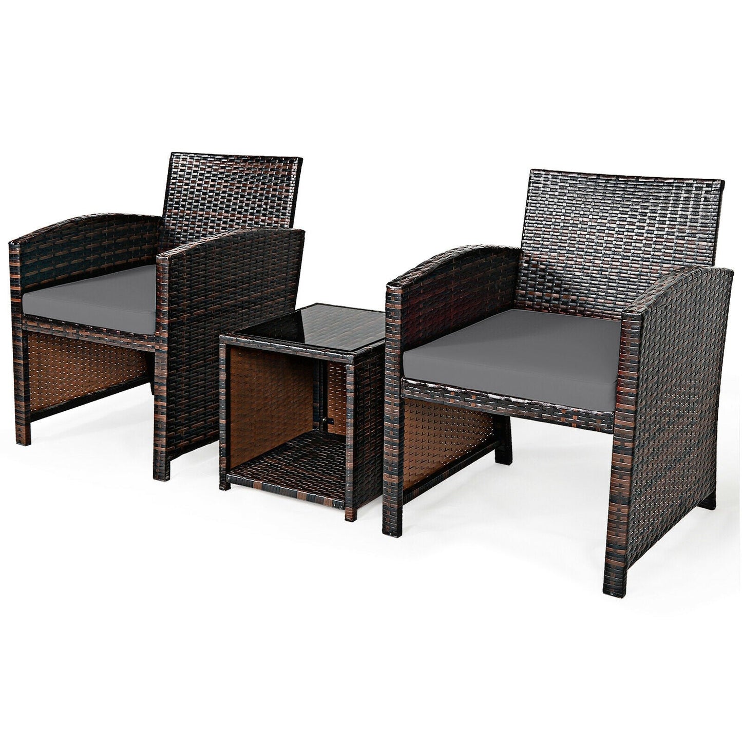 3 Pieces PE Rattan Wicker Furniture Set with Cushion Sofa Coffee Table for Garden-Gray (Assembled)