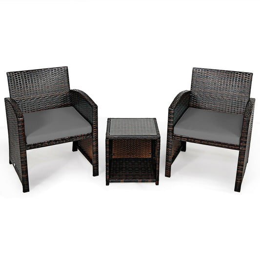3 Pieces PE Rattan Wicker Furniture Set with Cushion Sofa Coffee Table for Garden-Gray (Assembled)