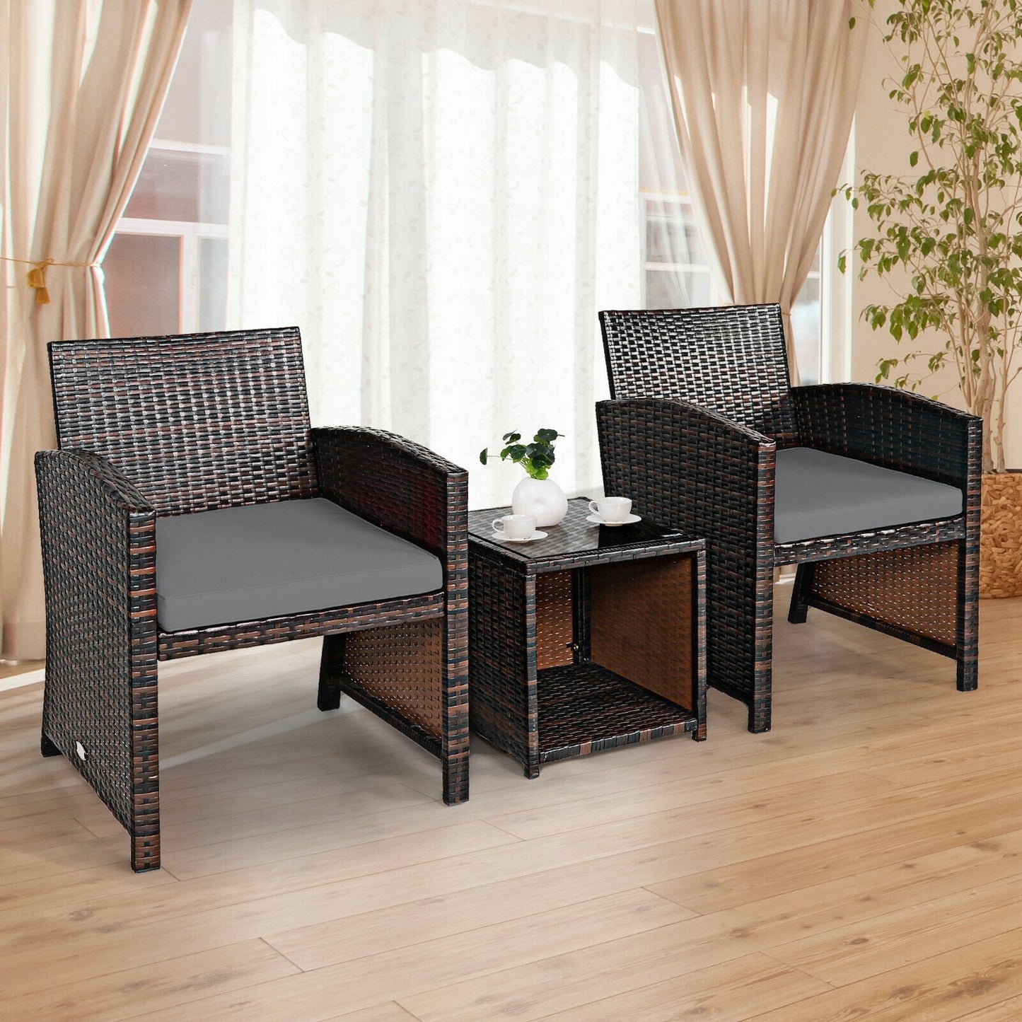 3 Pieces PE Rattan Wicker Furniture Set with Cushion Sofa Coffee Table for Garden-Gray (Assembled)
