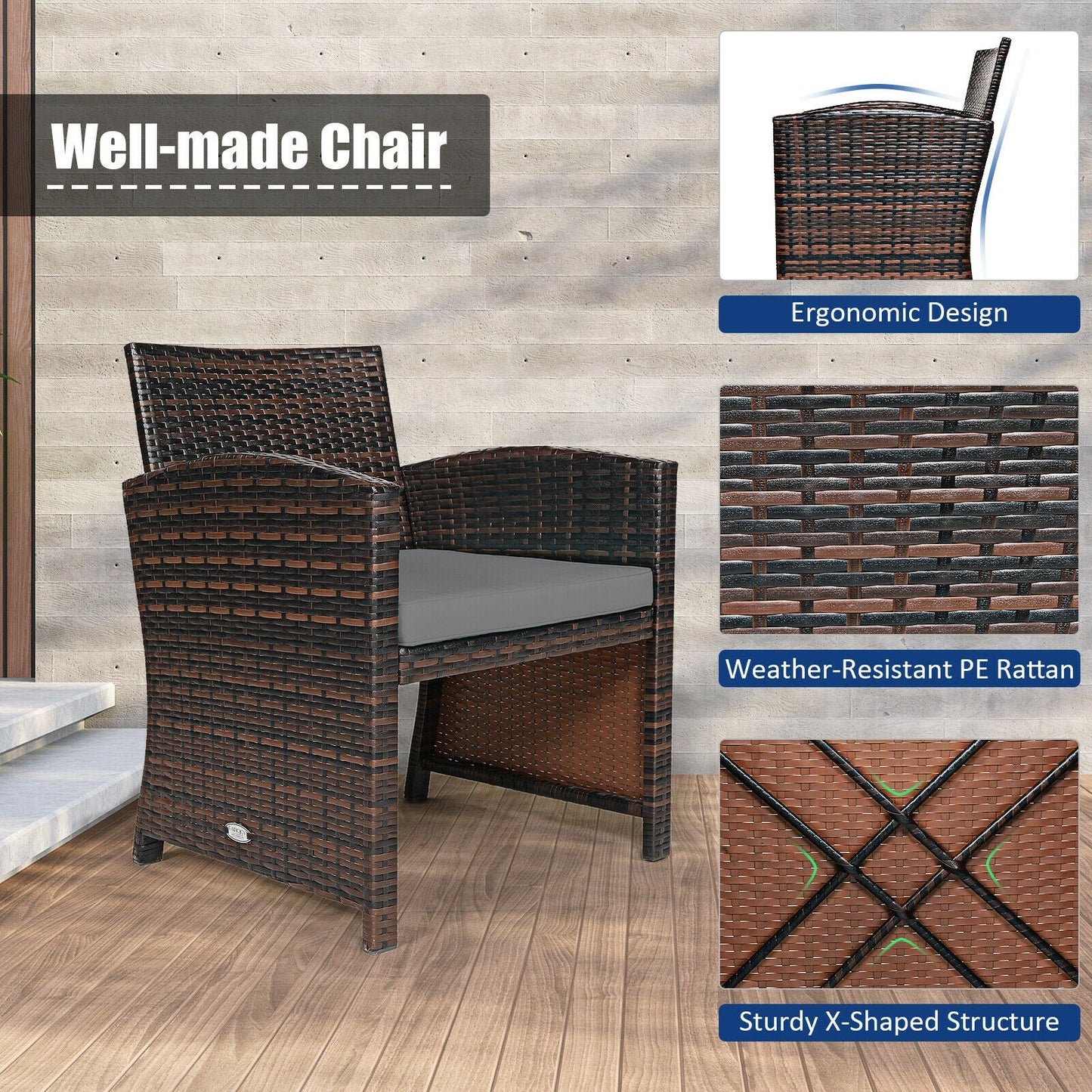 3 Pieces PE Rattan Wicker Furniture Set with Cushion Sofa Coffee Table for Garden-Gray (Assembled)