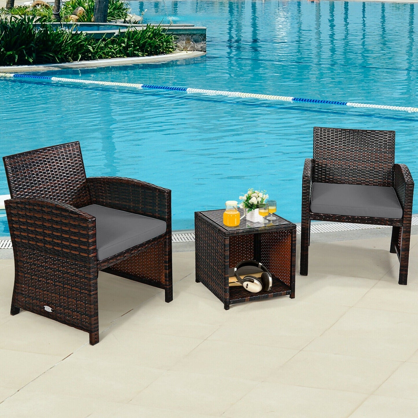 3 Pieces PE Rattan Wicker Furniture Set with Cushion Sofa Coffee Table for Garden-Gray (Assembled)