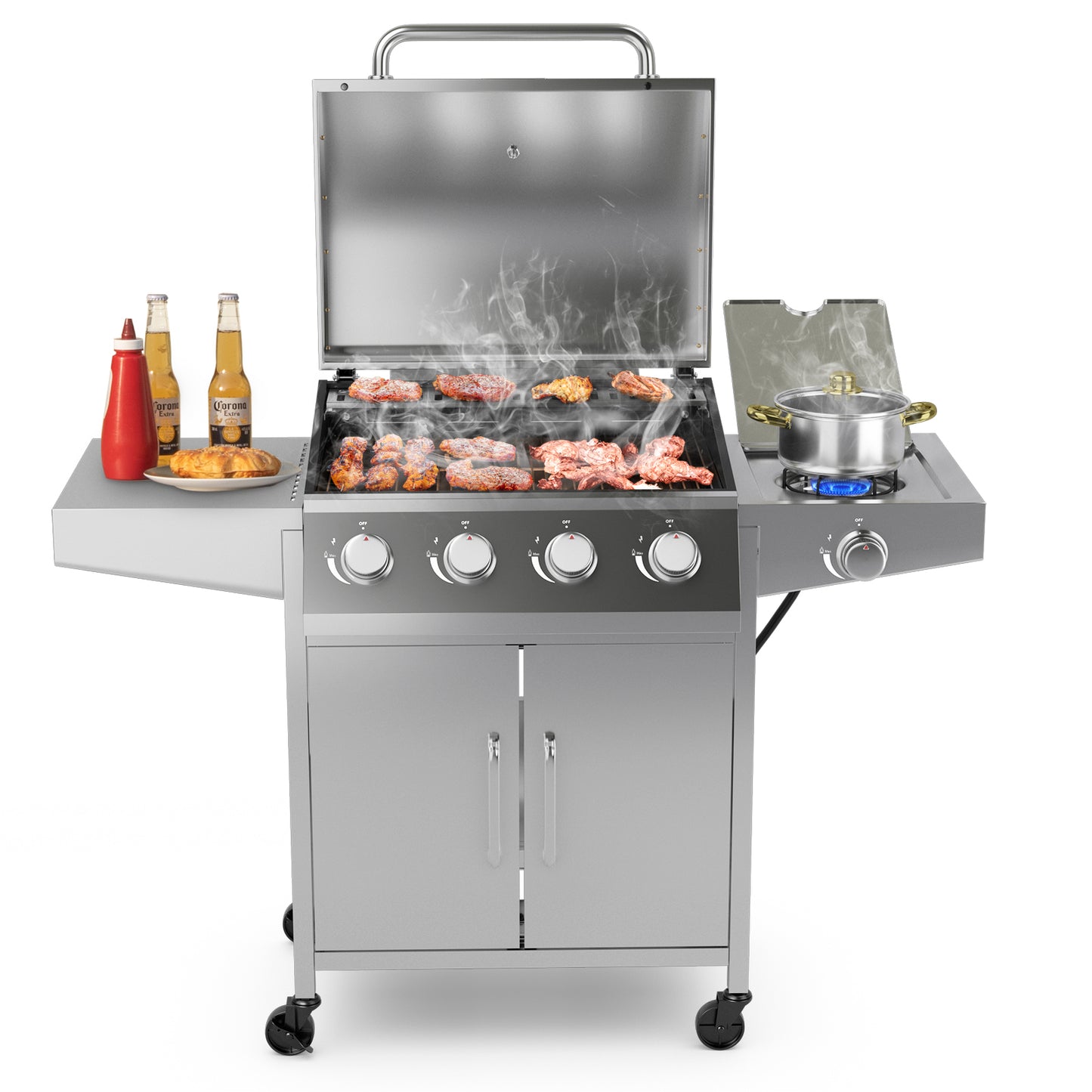 50000BTU 5-Burner Propane Gas Grill with Side Burner and 2 Prep Tables-Silver, fully assembled