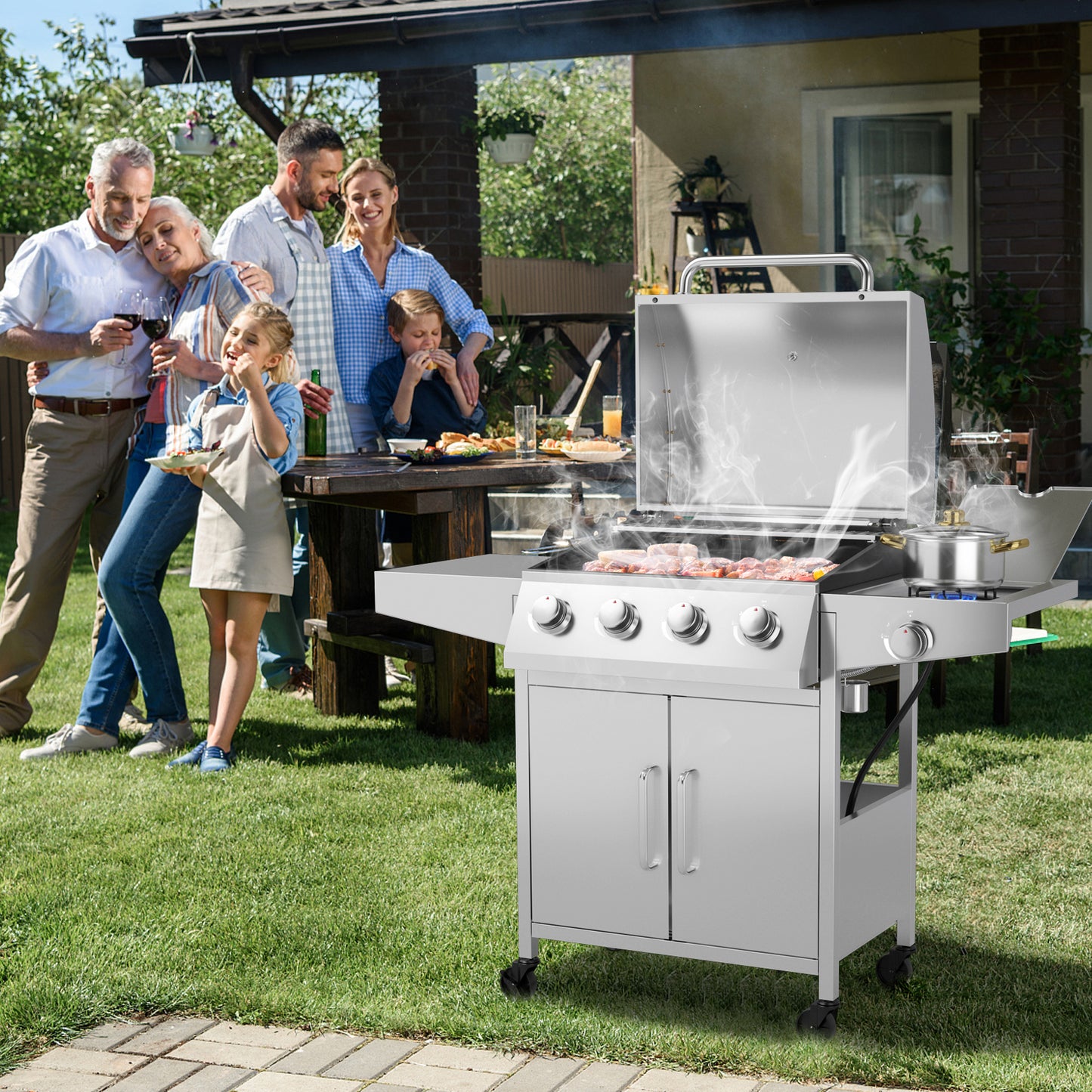 50000BTU 5-Burner Propane Gas Grill with Side Burner and 2 Prep Tables-Silver, fully assembled