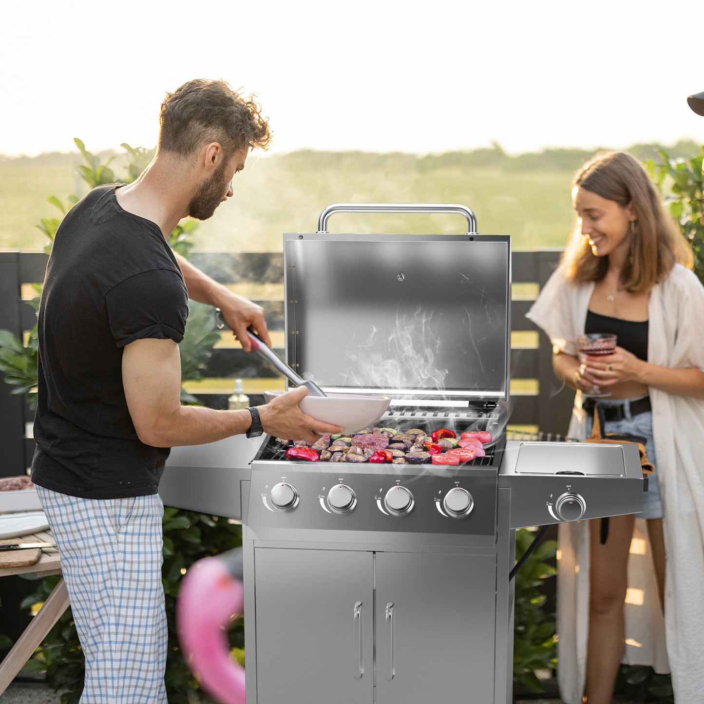 50000BTU 5-Burner Propane Gas Grill with Side Burner and 2 Prep Tables-Silver, fully assembled