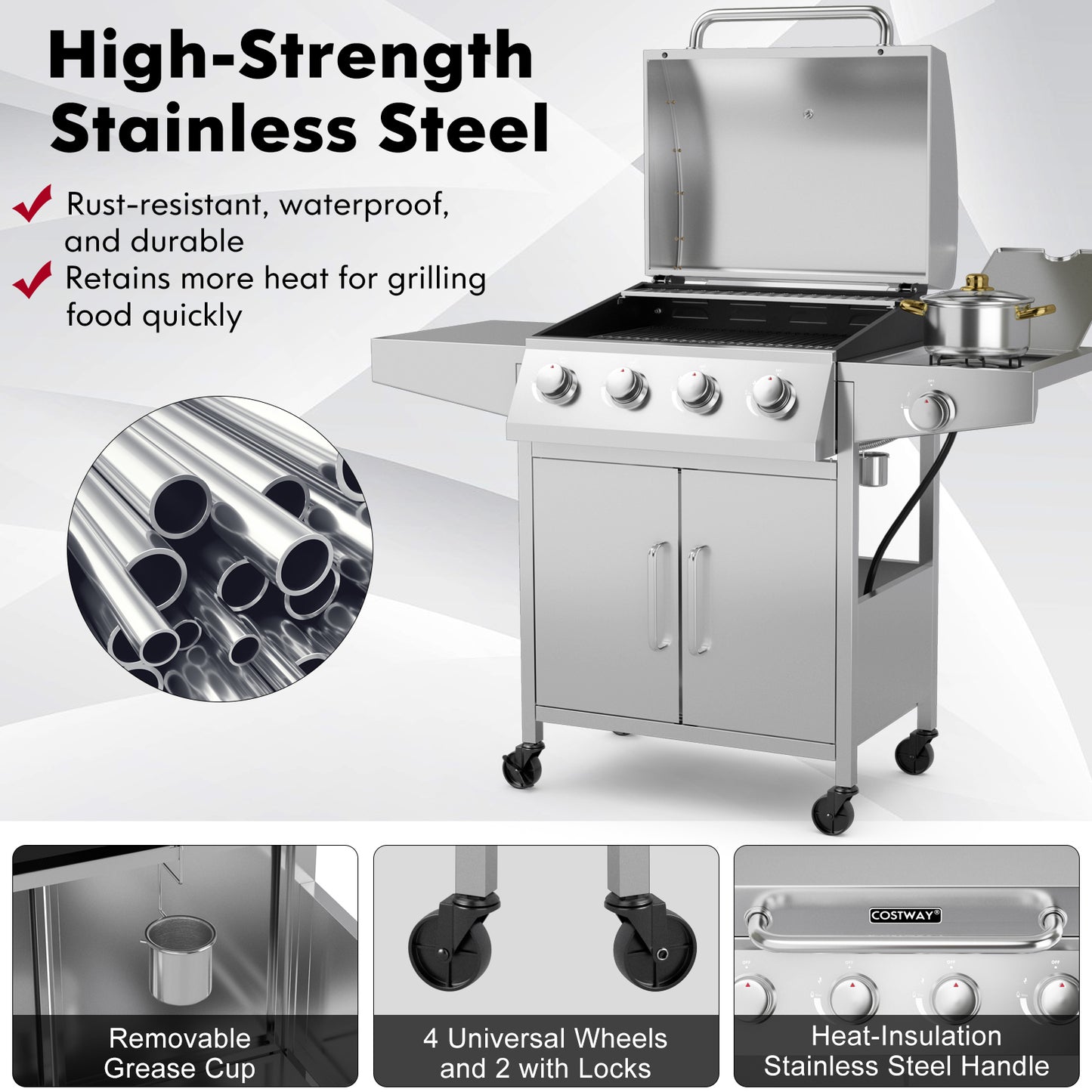50000BTU 5-Burner Propane Gas Grill with Side Burner and 2 Prep Tables-Silver, fully assembled
