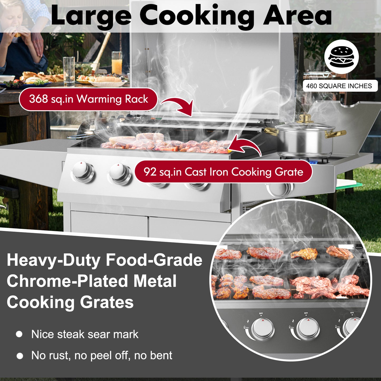 50000BTU 5-Burner Propane Gas Grill with Side Burner and 2 Prep Tables-Silver, fully assembled