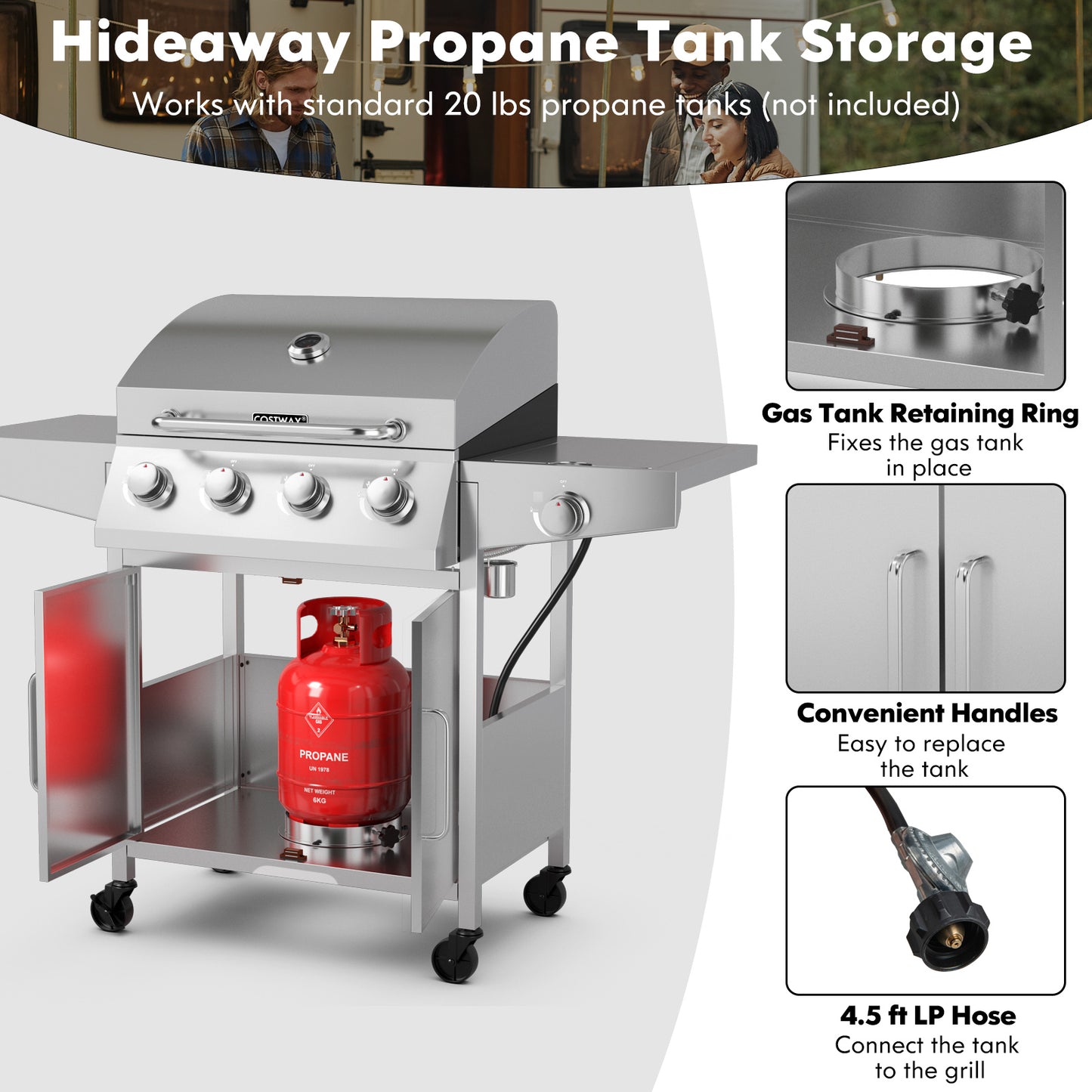 50000BTU 5-Burner Propane Gas Grill with Side Burner and 2 Prep Tables-Silver, fully assembled